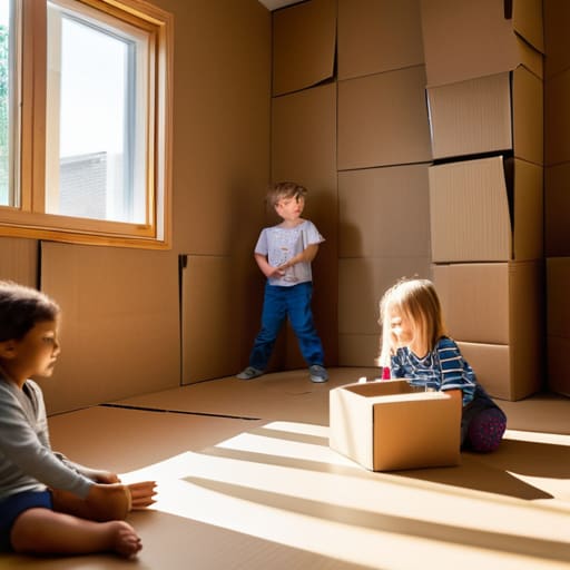 Kids building with cardboard box engineering.