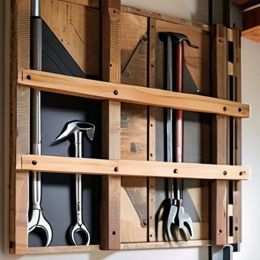 A rugged vertical tool rack on wall.