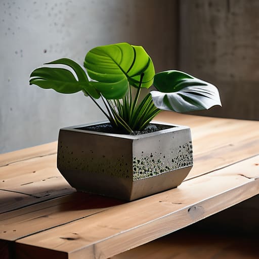 Heavy concrete industrial planters on wood.