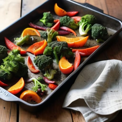 One-Pan Batch Roasting seasonal vegetables and protein.